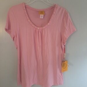 Ruby Rd Womens Pink Rose Embellished Neckline Short Sleeve Tunic Top Size L NWT